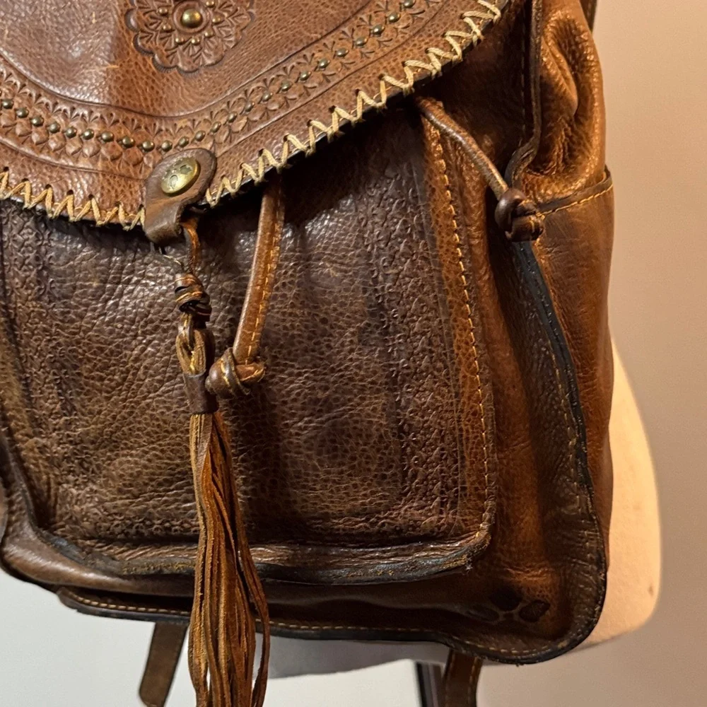 Patricia Nash Jovanna Tan Leather Rustic western Backpack with Tassel